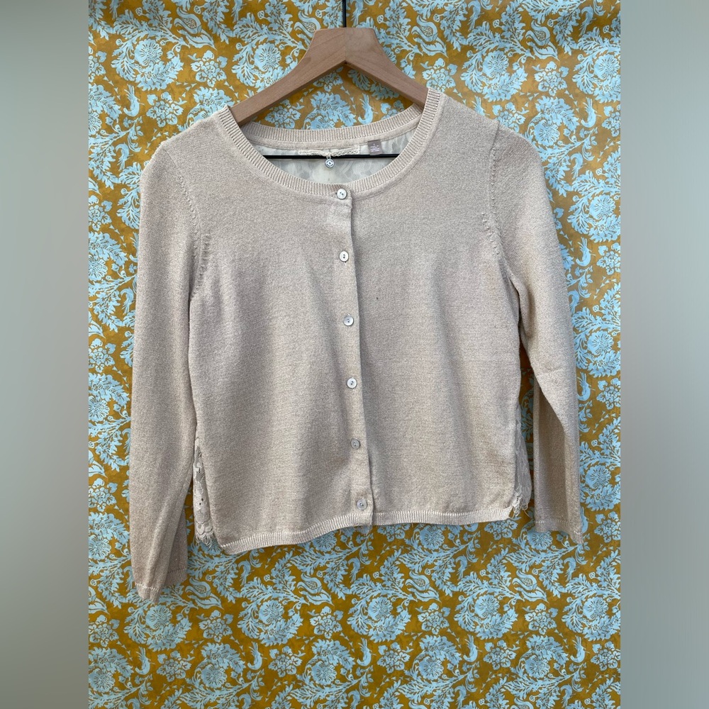 Anthropologie- Knitted & Knotted Tan Lace Back Cardigan